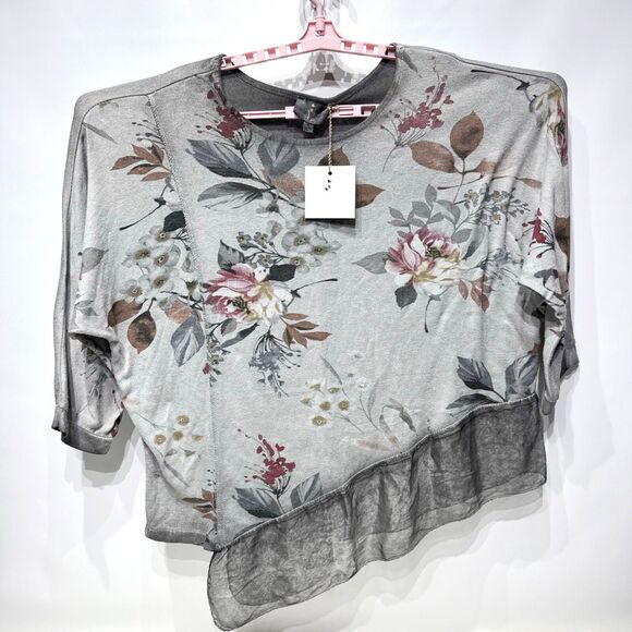 NWT Belle France Oversize Asymmetric Gray Floral Sweater Top Italy Made Women XL - Picture 3 of 13